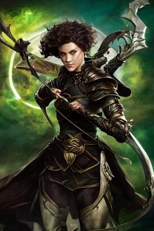 Prompt: fantasy art, female ranger, short curly hair, black leather tunic, wielding a bow with a quiver on her back. Pale white skin.