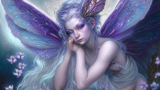 Prompt: Fairy goddess with pale blue hair and purple iridescent wings. She has highly a highly detailed face and also has highly detailed purple flowers in her hair. The scene is ethereal with a dark cinematic feel. In the style of Boris Vallejo