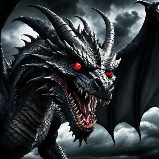 Prompt: Monstrous dragon, dark fantasy, horror, evil, sinister, detailed scales, menacing gaze, piercing red eyes, eerie atmosphere, high quality, dark and ominous, horror style, sinister shadows, intense lighting, gothic, ominous clouds, intimidating presence, otherworldly, best quality, ultra-detailed, dark fantasy, horror, menacing, atmospheric lighting, seen from below