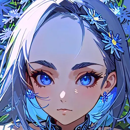 Prompt: portrait of a beautiful woman with blue asters, intricate, sharp focus, 