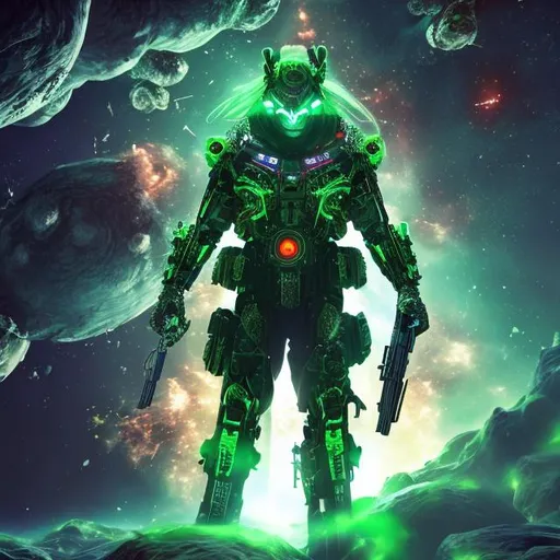 Prompt: middle-aged man in gunfight in space, sci-fi combat space suit, face visible, light stuble, angry green eyes, anime, 4k render, outer space, futuristic, sci-fi

