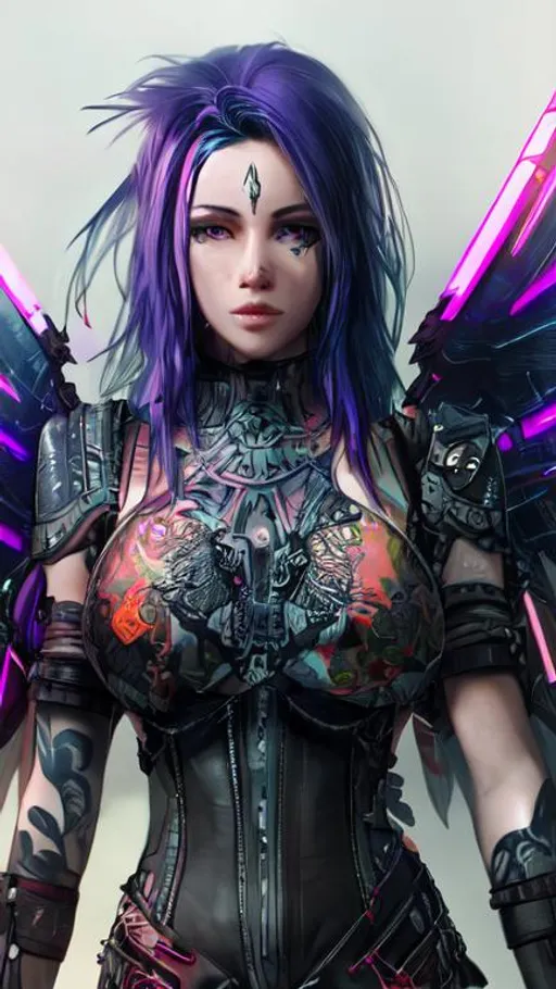 Prompt: beautiful female warrior with tattoos and wings with a cyberpunk background