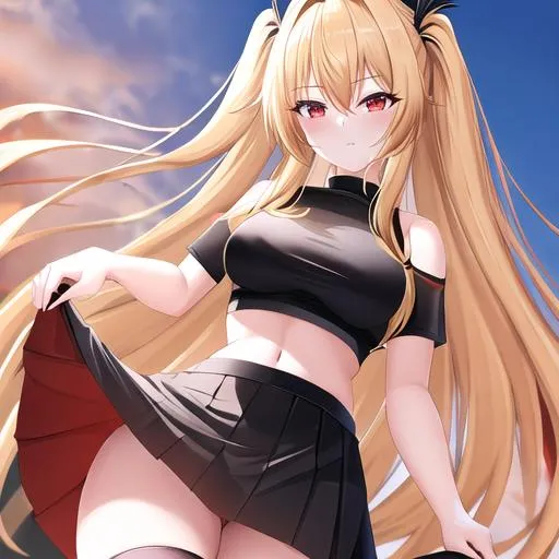 Prompt: Kaida (blonde hair), 8k, UHD, highly detailed, best quality, red eyes, wearing A black crop top, thigh highs, and a black/white skirt
Highschooler, 19