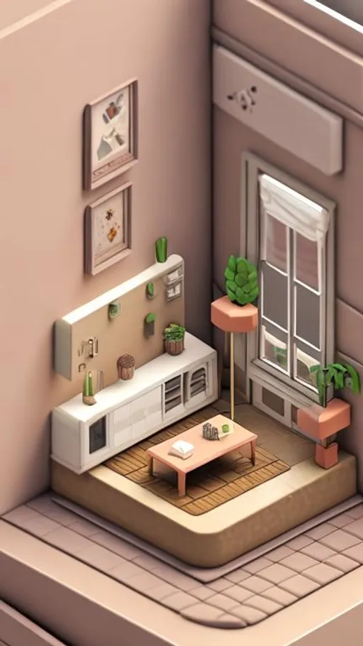 Prompt: iPhone wallpaper. Tiny cute isometric living room in a cutaway box, minimal design, soft smooth lighting, neutral colors, 100mm lens, 3d blender high quality render, beige french interior design
