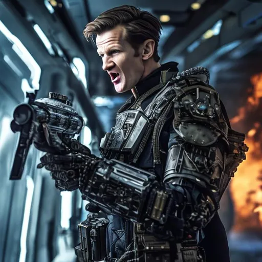 Prompt: Matt Smith shouting angrily wearing an armored futuristic scifi military uniform and holding an advanced exotic shotgun in full color