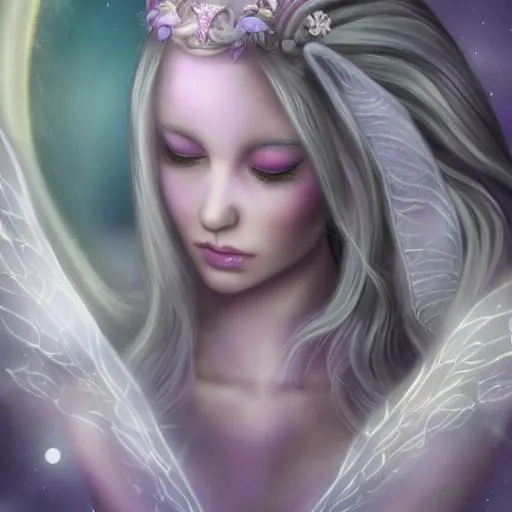 Prompt: white Fairy goddess with light purple  background, realistic