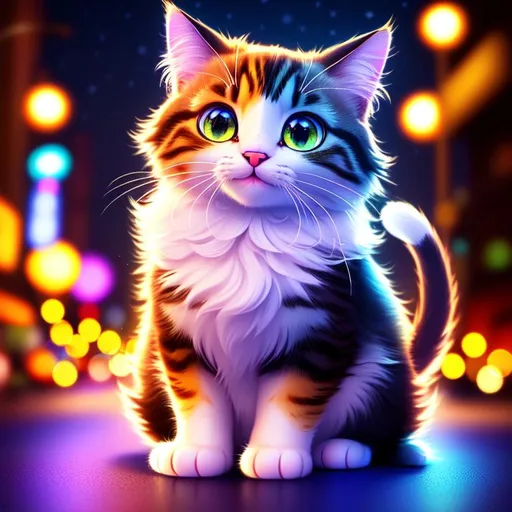 Prompt: Disney Pixar style cute cat, highly detailed, fluffy, intricate, big eyes, adorable, beautiful, soft dramatic lighting, ultra high quality octane render, nighttime city background, galaxy, light trails, bokeh, hypermaximalist