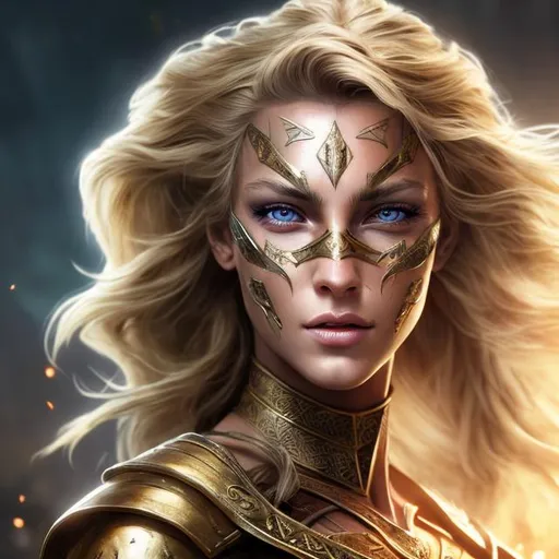 Prompt: HD 4k 3D 8k professional modeling photo hyper realistic beautiful fierce warrior woman ethereal greek goddess of onslaught
blonde hair brown eyes gorgeous face tan tattooed scarred skin shimmering armor crossbow full body surrounded by magical glow hd landscape background illiad battlefield