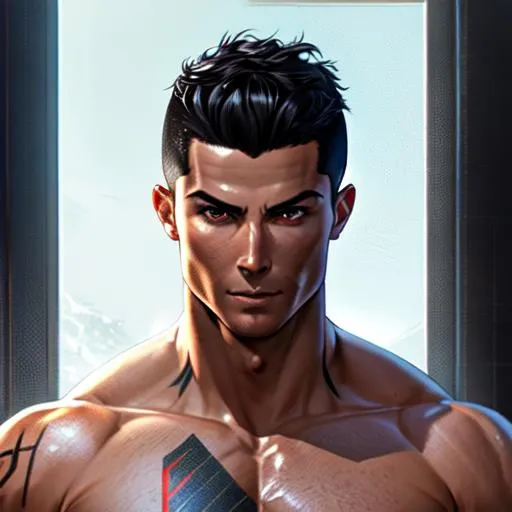 Prompt: 37 year old Cristiano Ronaldo, male, smooth soft skin, big dreamy eyes, beautiful intricate black colored hair, wearing a God of War custom, symmetrical, anime wide eyes, soft lighting, detailed face, by makoto shinkai, stanley artgerm lau, wlop, rossdraws, concept art, digital painting, looking into camera, highly focus