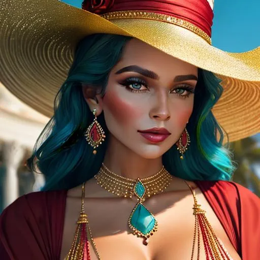 Prompt: Beautiful ethereal woman. color scheme of tuquoise and red., wearing turquoise and gold jewlry, wearing a fancy hat, facial closeup