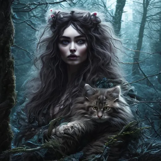 Prompt: highly detailed woman with norwegian forest cat into dark forest, witch of forest, highly detailed eyes, high resolution scan, 64k, UHD, HDR, hyper realistic, Sony A7 IV, Sony FE 70mm f/2.8 G Master II, magical context, neon lights, crystal clear photograph, absolutely real.