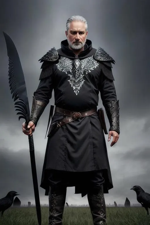 Prompt: middle age man, holding black spear, spear with raven carving, field of dead bodies, ravens, bloody, torn clothing, exhausted, full body view, Hyper-realistic, perfect, intricate, symmetrical, wide eyes, soft-lighting, detailed-face, high details, UHD, real hands, proper hands, real fingers, proper fingers, no deformed parts