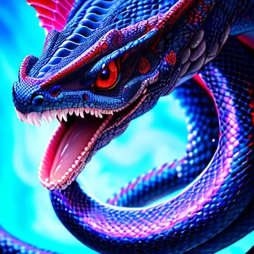 Prompt: a face shot of a twelve-foot snake made of bones red eyes blue aura and a dragon-like face, very glossy and shiny, reflective, perfect composition, hyperrealistic, super detailed, 8k, high quality, trending art, trending on artstation, sharp focus, studio photo, intricate details, highly detailed, Trending on Artstation, Cozy wallpaper, Pastel colors, soft lighting