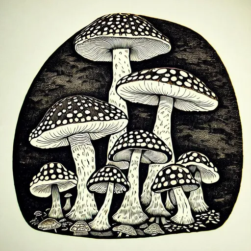 wood engraving picture psychedelic mushroom