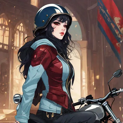 Prompt: two thirds body profile, anime style, a cute young female vistani arcane trickster rogue, burgundy eyes pupils and lips:6, pale skin, long wavy black hair with a blue stripe, skinny, punk clothes, holding a motorcycle helmet confident expression, wearing a gold inlaid hood, standing next to a motorcycle, two thirds body, combination of burgundy and red and gold and black color scheme, pretty and innocent looking, fierce, devious, dangerous, bad girl, style of courier, nighttime, tokyo city with the moon in the background, style of vampire, manga style, style of Studio Ghibli, extremely detailed print by Hayao Miyazaki,