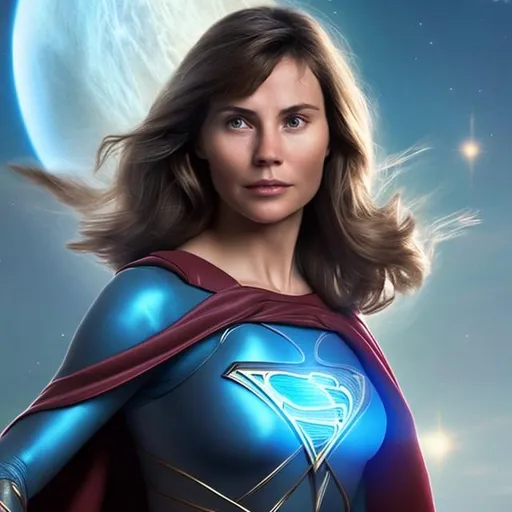 Prompt: Name: Kara Jor-El
Description: Kara is a Kryptonian pilot and explorer. She has shoulder-length dark brown hair and deep brown eyes. Kara wears a form-fitting flight suit in shades of blue and red, with a cape that billows behind her as she soars through the sky. She carries a high-tech wrist device that allows her to navigate through space.

