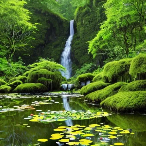 Prompt: pond in the middle of the forest with a tall waterfall in the background, the foreground has lots of ricks at the edge of the pond, moss covers most of the rocks and trees, the picture is very green