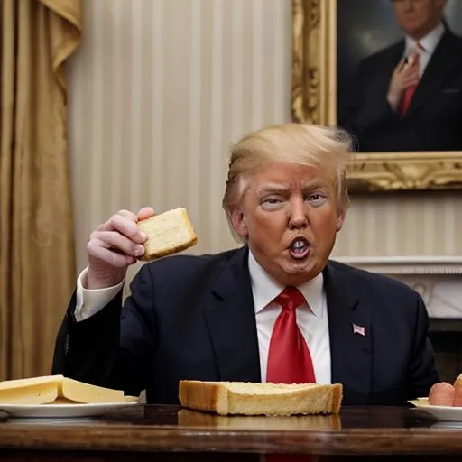 Prompt: donald trump eating a banana ham and cheese sandwich