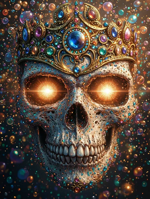 Prompt: Skull adorned with a magnificent golden crown embedded with vibrant jewels, this striking image is surrounded by an ethereal atmosphere of floating bubbles. The backdrop boasts a whimsical interplay of colors, enhancing the surreal aesthetic. In the style of Chris LaBrooy, reminiscent of imaginative video art, this ultra-detailed concept art emerges vividly, captivating the viewer with a touch of enchanting wonder.