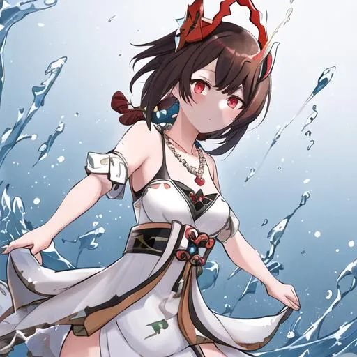 Prompt: genshin impact ,Brown hair short, Wearing a fatui mask and a white dress with water slowly coming up her, water floating around her in small balls, Her necklace has a hydro vision in from the fatui's.  