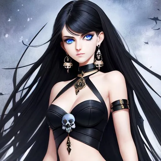Prompt: An insanely beautiful girl around 16 years old. wearing black skull earrings. holding a sharp dagger in one hand. perfect anatomy, symmetrically perfect face. beautiful deep blue eyes. beautiful long black wavy hair. no extra limbs or hands or fingers or legs or arms. full body view.