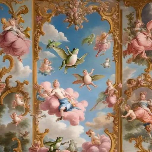 Prompt: A large rococo style ceiling fresco but all the people are frogs. The realistic frogs are dressed in flowing fabrics and some have angel wings. The frogs are green. The frogs have ancient Greek clothes. The frogs are small and there are many of them.  The frogs talk amongst themselves, play music, look at other frogs on the other side of the painting. It has beautiful blue and pink hues that make it feel dreamy and warm. The sky is blue the clouds are pink. The camera is pointing straight up at the ceiling with the fresco taking up the space in the photo 