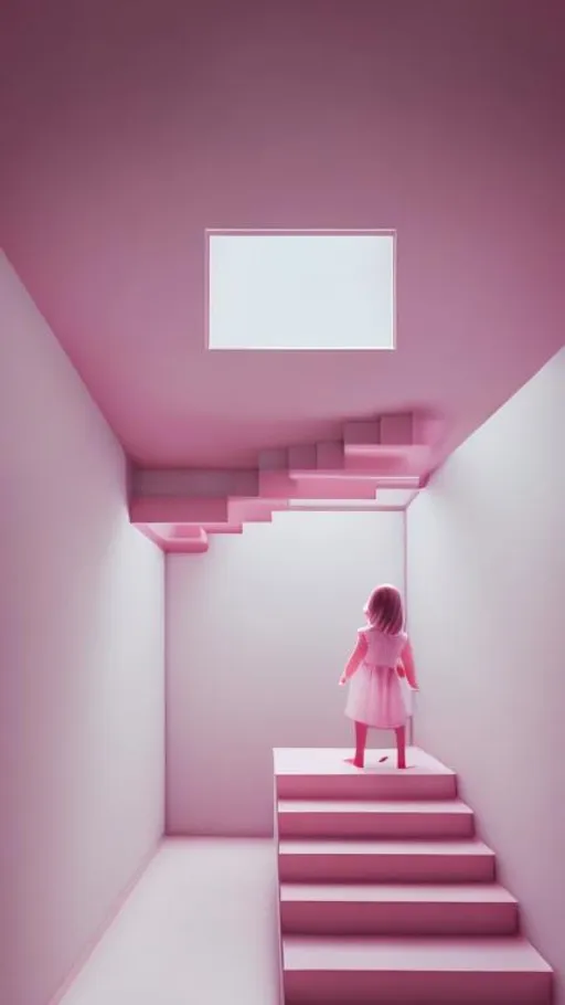 Prompt: minimal  pink room with stairs to the cloudy sky and a almost transparent girl reaching out to the  sky while standing on the stairs