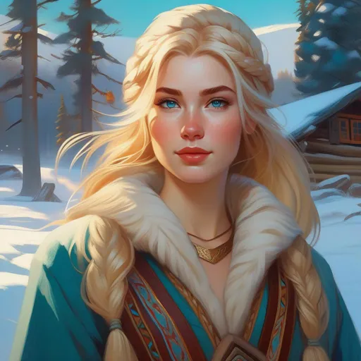 Prompt: Third person, gameplay, Saami girl, pale skin, blonde hair, freckles, teal eyes, snow, golden atmosphere, cartoony style, extremely detailed painting by Greg Rutkowski and by Henry Justice Ford and by Steve Henderson 
