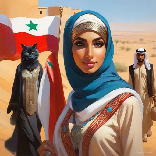 Prompt: Arab catgirls, Syrian flag, cartoony style, extremely detailed painting by Greg Rutkowski and by Henry Justice Ford and by Steve Henderson 