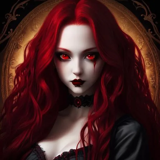 Prompt: Portrait of a beautiful vampire woman, long red wavy hair, red eyes, blood on her lips, dark baroque background