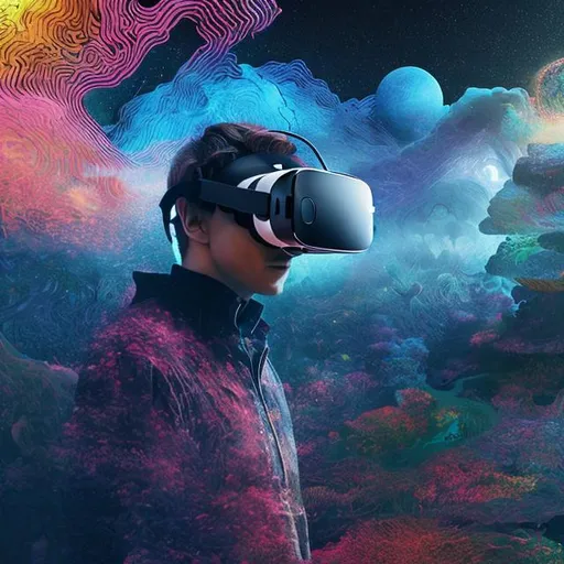 Prompt: Someone immersed in a VR headset exploring a digital landscape.