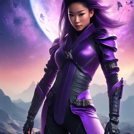 Prompt: create photograph of beautiful female ninja who is wearing bright purpple futuristic ninja robes,  night time and beautiful sky  space and planets an nebulae in sky highly detailed, detailed face, extremely detailed environment, extremely detailed background, extremely detailed skin, extremely detailed clothing, natural colors , professionally color graded, photorealism, 8k, realistic, moody lighting, galactic environment, volumetric lighting