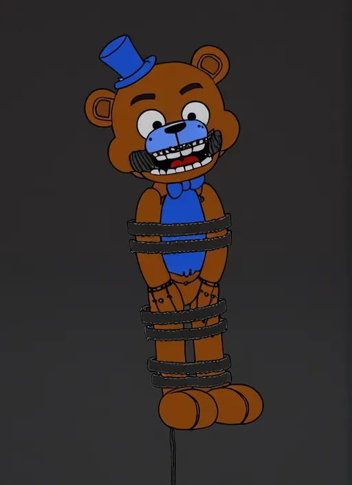 Prompt: Freddy fazbear tied up with hands behind freddy's back with ropes and gagged with duct tape around freddy's mouth 