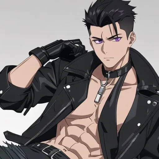 Prompt: Male (Short black hair falling between the eyes with an undercut,  purple eyes and a femine body) Leather jacket and a black shirt and ripped denim jeans, around his neck, black leather gloves. Highly detailed, 8K, Insane detail, best quality, UHD