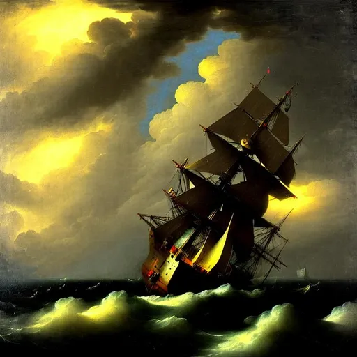 Prompt: trade ship in the storm sea art work by ink famous aivazovski
