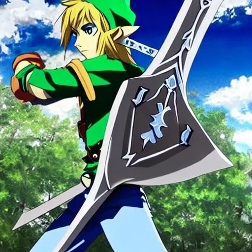 Prompt: Link anime style holding the master sword 