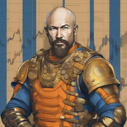 Prompt: smirking mercenary trader in olive, blue, orange and gold armor, balding, goatee, clothing has a stock market chart bloomberg as a symbol drawn in the torso, gold coins all around background