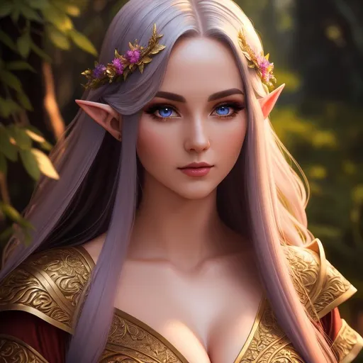 Prompt: Oil painting, Chiaroscuro, landscape, UHD, 8K, highly detailed, panned out view of the character, visible full body, a hyperdetailed mage elven woman, hyperdetailed long fantasy colored hair, masterpiece, hyperdetailed full body, hyperdetailed feminine attractive face and nose, complete body view, ((hyperdetailed eyes)), perfect body, perfect anatomy, beautifully detailed face, alluring smile, ((fantasy_gown1.3)), small chest