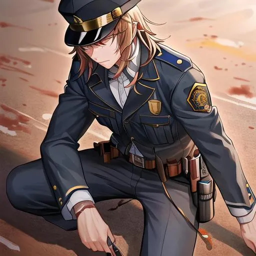 Prompt: Caleb as a police officer in a gunfight bullets flying, wounded, covered in blood, lying on the ground
