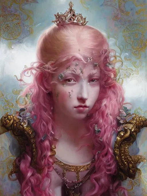 Prompt: hyper realistic painting portrait of the princess of purity with pink hair, elaborate golden details, rococo, baroque, gothic, intrincate ornaments, caligraphy, cheesy art, illuminated manuscript, oil painting, art noveau, in the style of roberto ferri and gustav moreau