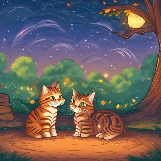 Prompt: landscape photo of a male long haired tabby cat with a female tabby cat together in a park at night during the season fall romantic cartoon