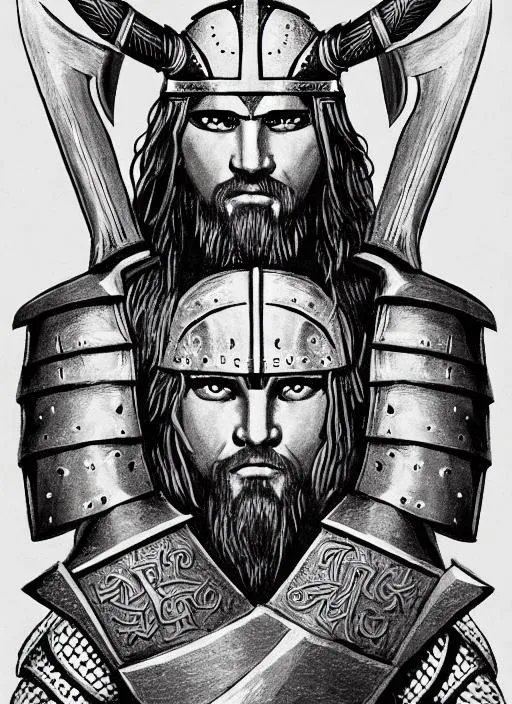 Portrait of Tyr, the norse god of war with a warrior