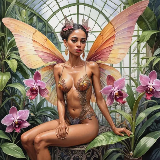 Prompt: gouache watercolor, a full body bare breasted Cuban woman with beautiful eyes with large fairy wings made of Anatase, she is feeling pleasure, she is sitting on a detailed zygopetalum orchid, intricate detailed greenhouse background, intricate eye details, beautiful colors, high quality, detailed wings, elegant, intricate linework, vibrant colors, inviting pose, professional, atmospheric lighting