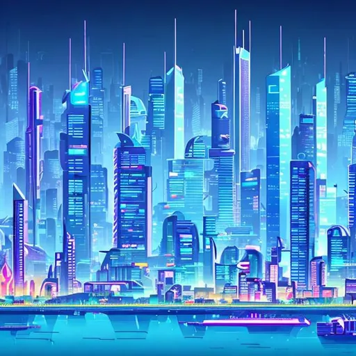 Prompt: Design a cartoon, sprawling, futuristic city with towering skyscrapers, neon lights, and bustling activity. The cityscape can showcase advanced technology and a sense of scale, providing an immersive backdrop for the robot battles