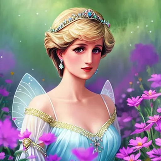 Prompt: Princess Diana as a fairy goddess of wildflowers ethereal,dreamscape, cool colors, closeup