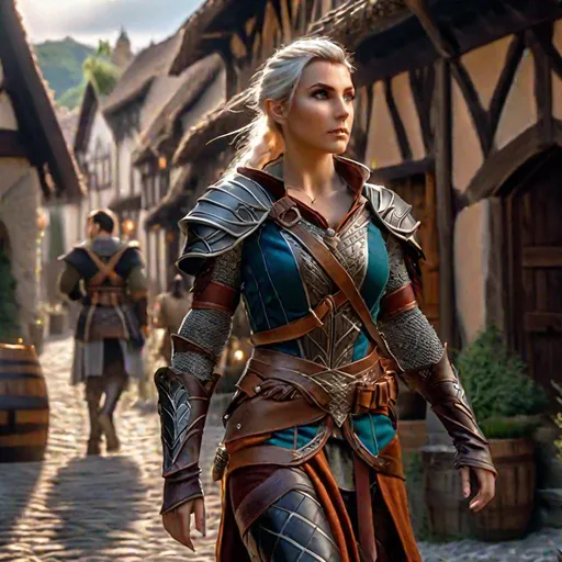 Prompt: D&D half-elf female walking through a village,  highly detailed, professional, render, Sharp focus, HD, UHD, HDR, hyper realistic, leather armor