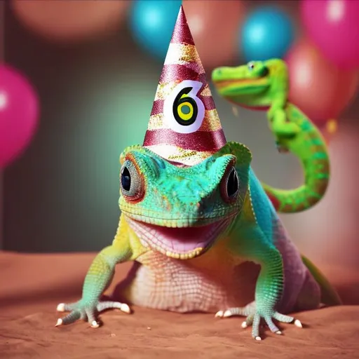 Prompt: A sixth birthday party for a chameleon and a gecko wearing a party hat with a number 6 on it