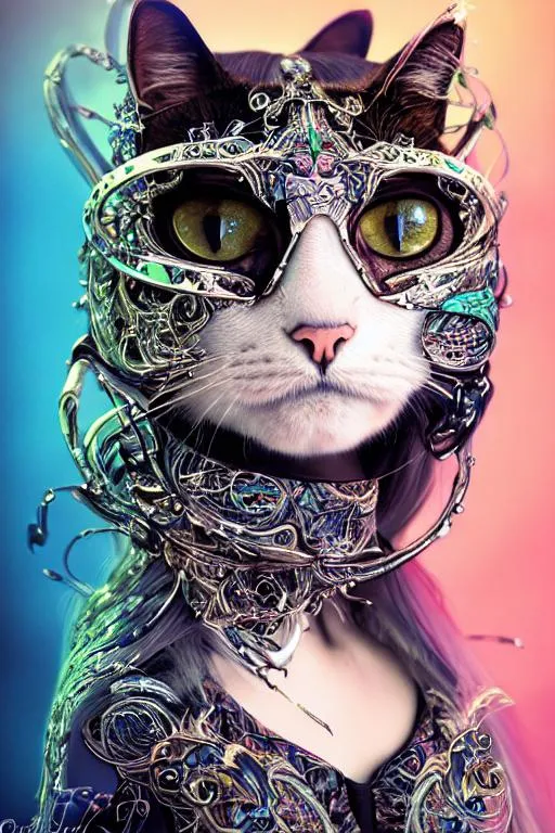 Prompt: Portrait of a cat,  cinematic, trending on artstation high fashion bespoke Haute couture realistic hyper intricate detailed surrealist art 🔥💓🕶️👁🫀🍬, 16k, hd, goth asthetics, dark fariytale, bespoke unique beauty, ArtGerm, Grimes doll, Popovy Sisters, cyberpunk, John Galliano, Takashi Murakami, awesome digital art, Concept art, artstation character maya, cinema, octane render, blender, very detailed , 3D, 5D, very realistic, volumetric lighting, ornate details, detailed Illustration beautiful woman, black ink tattoos, Highly detailed queen art, beautiful elegant feminine digital art trending on artstation high fashion bespoke Haute couture realistic hyper intricate detailed surrealist art by Wes Anderson, Patrick Nagel and Sho Murase 5D 4k 8k awesome floral digital art 3d 5d by Takashi Murakami a nine Cyberpunk goth asthetics, skull, dark fariytale, bespoke unique beauty. Pointillism rococo Vivienne Westwood overview dolly shot