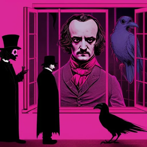 Prompt: edgar allen poe, in pink, meeting the raven, in a room at the window, by warhol, in goth style, detailed face, detailed background