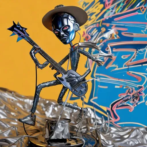 Prompt: shiny stop-motion puppet of androgynous marvel silver surfer, wearing a straw bucket hat, playing electric guitar in outer space, basquiat style, muted colors